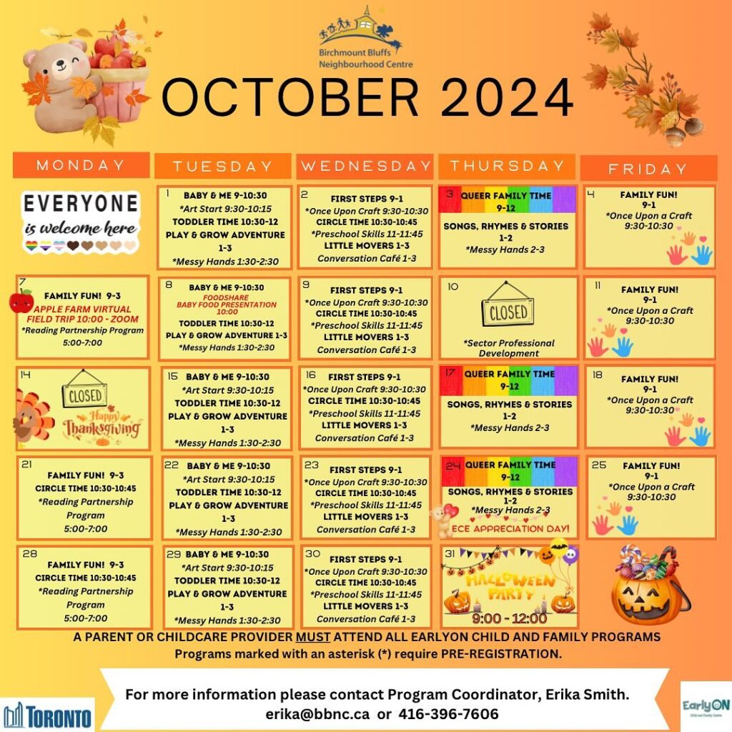 October EarlyON calendar